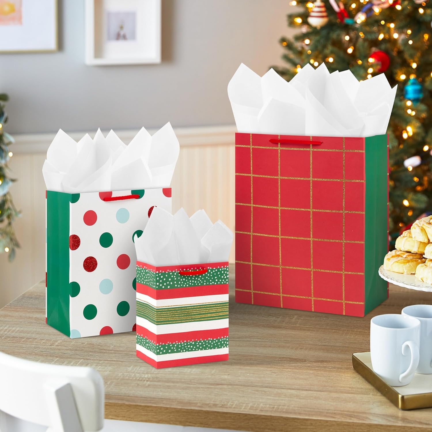 image:imageHallmark Glittery Red White and Green Gift Bag Assortment 8 Bags 3 Small 6 3 Medium 9 2 Large 13 Gold Glitter Stripes Polka Dots Windowpane Plaid for Christmas Birthdays HolidaysPlaid Polka Dots Stripes