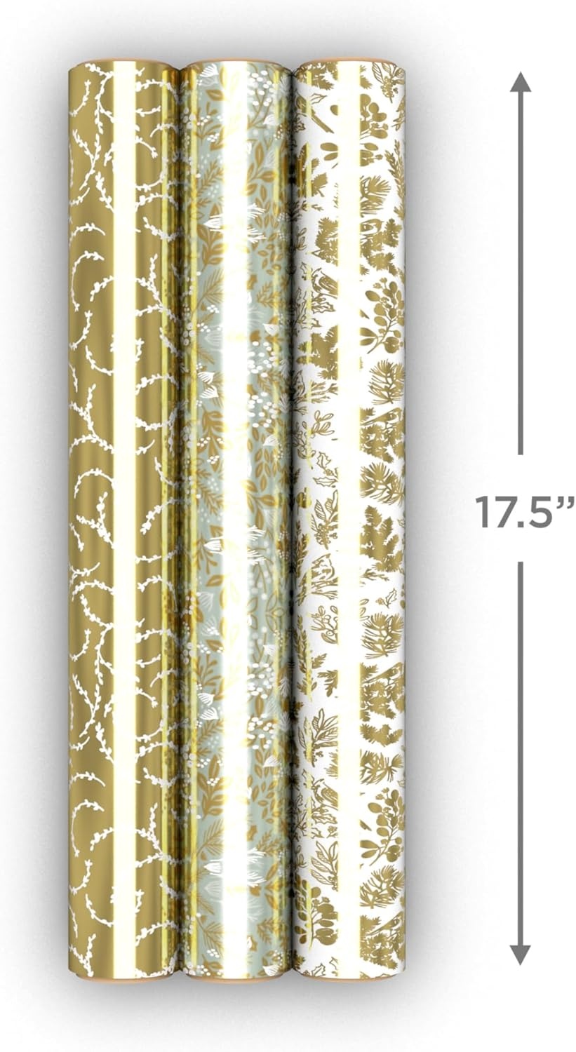 image:imageHallmark Gold Foil Wrapping Paper Mini Rolls 3Pack Shiny Gold Filigree and Foliage on Ivory and Mint Green for Christmas Hanukkah Valentines Day Mothers Day Weddings 40 Sq Ft TotalShiny Gold Filigree and Foliage