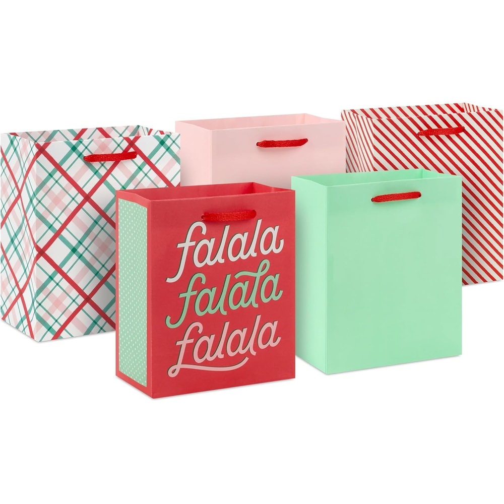 image:imageHallmark 6 Small Pink and Green Holiday Gift Bags 5 Bags Fa La La Pink Green Red Plaid for Kids Teachers Coworkers Party Favors Gift CardsFa la la la la