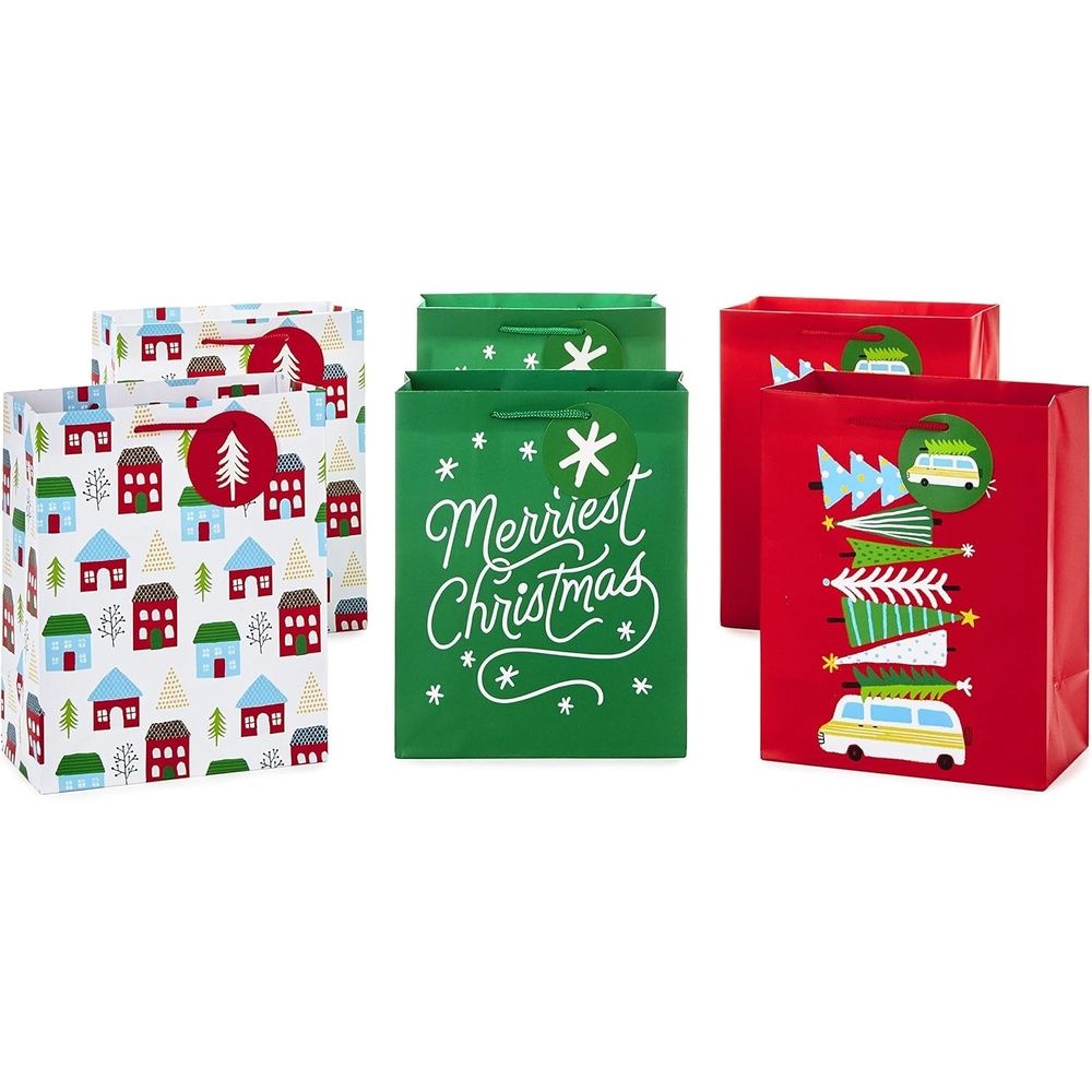 image:imageHallmark 6 Small Pink and Green Holiday Gift Bags 5 Bags Fa La La Pink Green Red Plaid for Kids Teachers Coworkers Party Favors Gift CardsMerriest Christmas