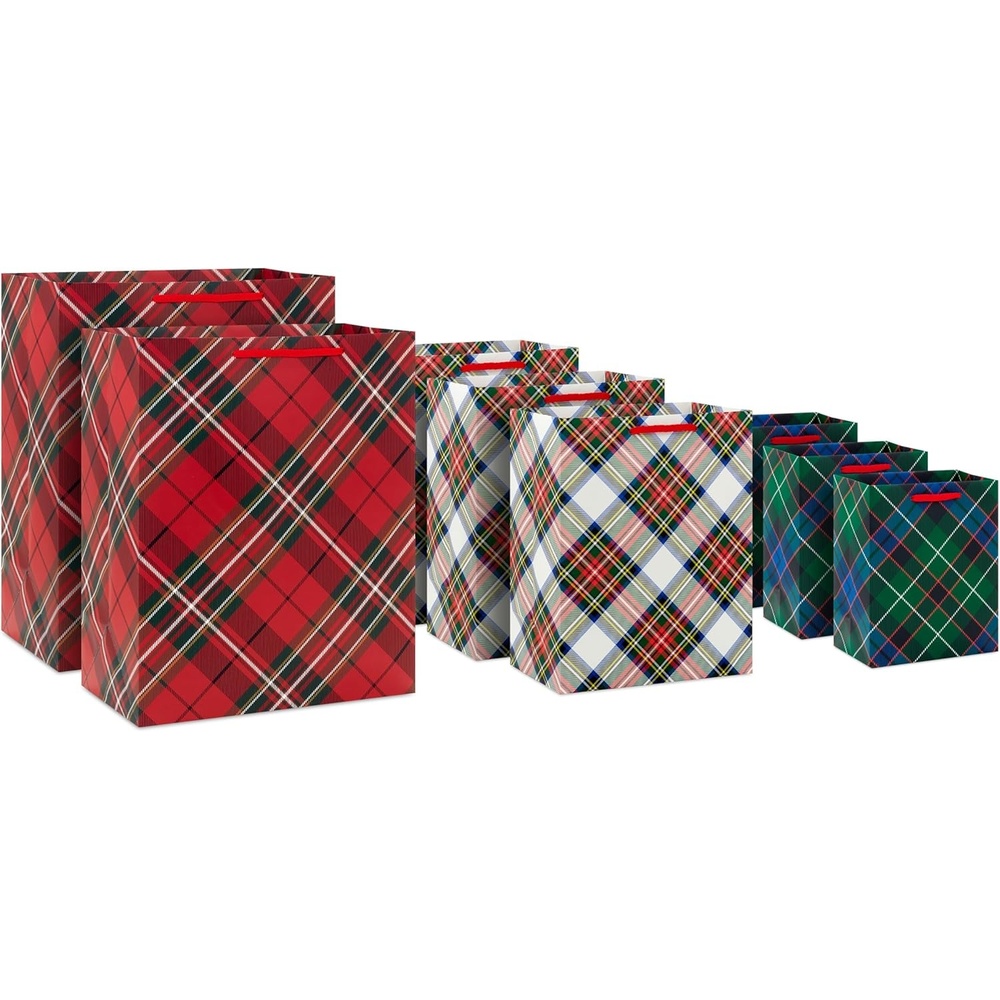 image:imageHallmark Classic Plaid Gift Bag Assortment 8 Bags 3 Small 6 3 Medium 9 2 Large 13 Traditional Tartan Red Green Blue and White Plaids for Christmas Fathers Day BirthdaysAssorted Tartan