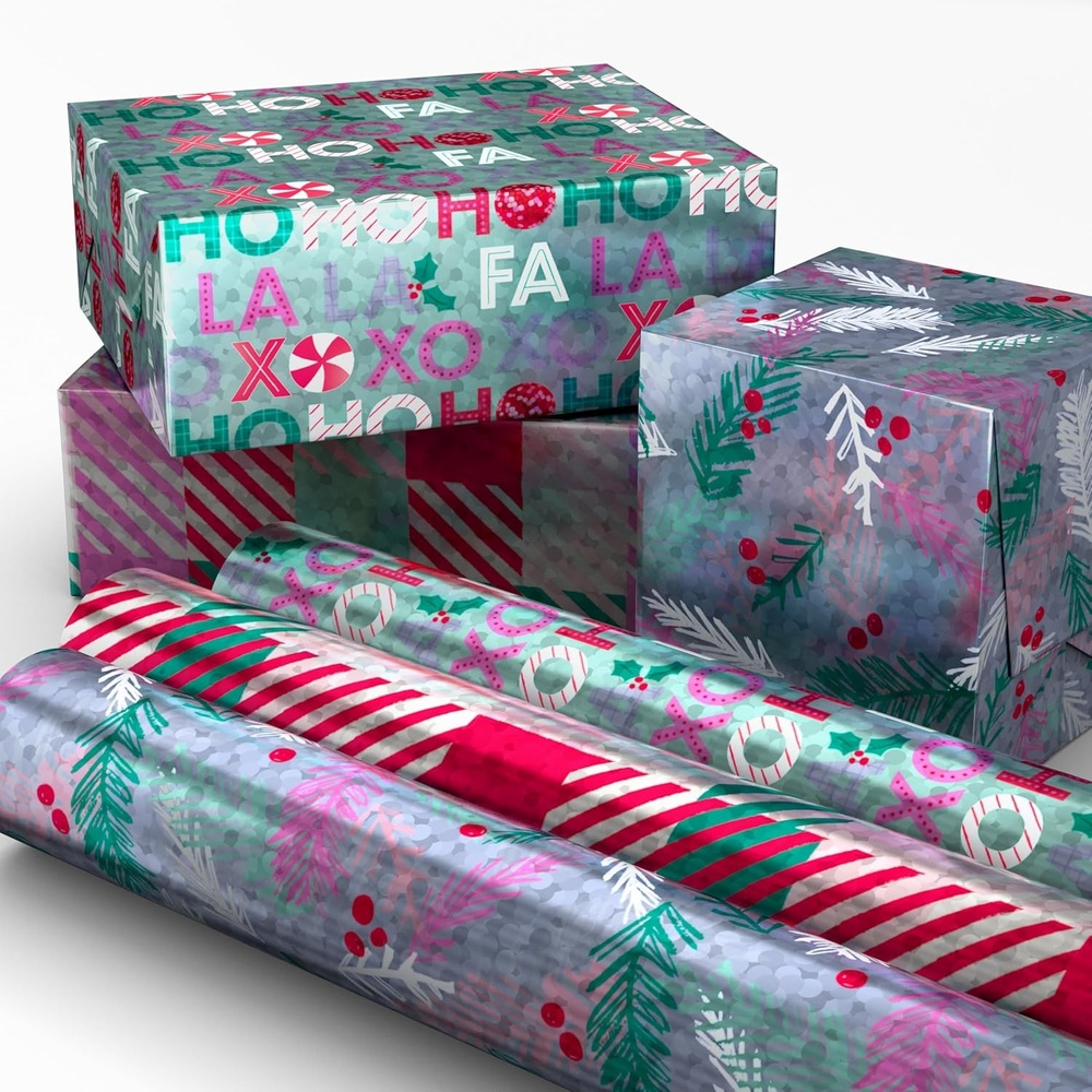 image:imageHallmark Mint Green Pink and Purple Christmas Wrapping Paper Mini Rolls 3Pack Plaid Evergreen Sprigs Fa La La Ho Ho Ho XOXO for Kids Teens Winter Birthdays 45 Sq Ft TotalHoliday Assortment