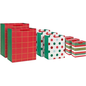 Hallmark Glittery Red, White and Green Gift Bag Assortment (8 Bags: 3 Small 6″, 3 Medium 9″, 2 Large 13″) Gold Glitter Stripes, Polka Dots, Windowpane Plaid for Christmas, Birthdays, Holidays(Plaid  Polka Dots  Stripes)