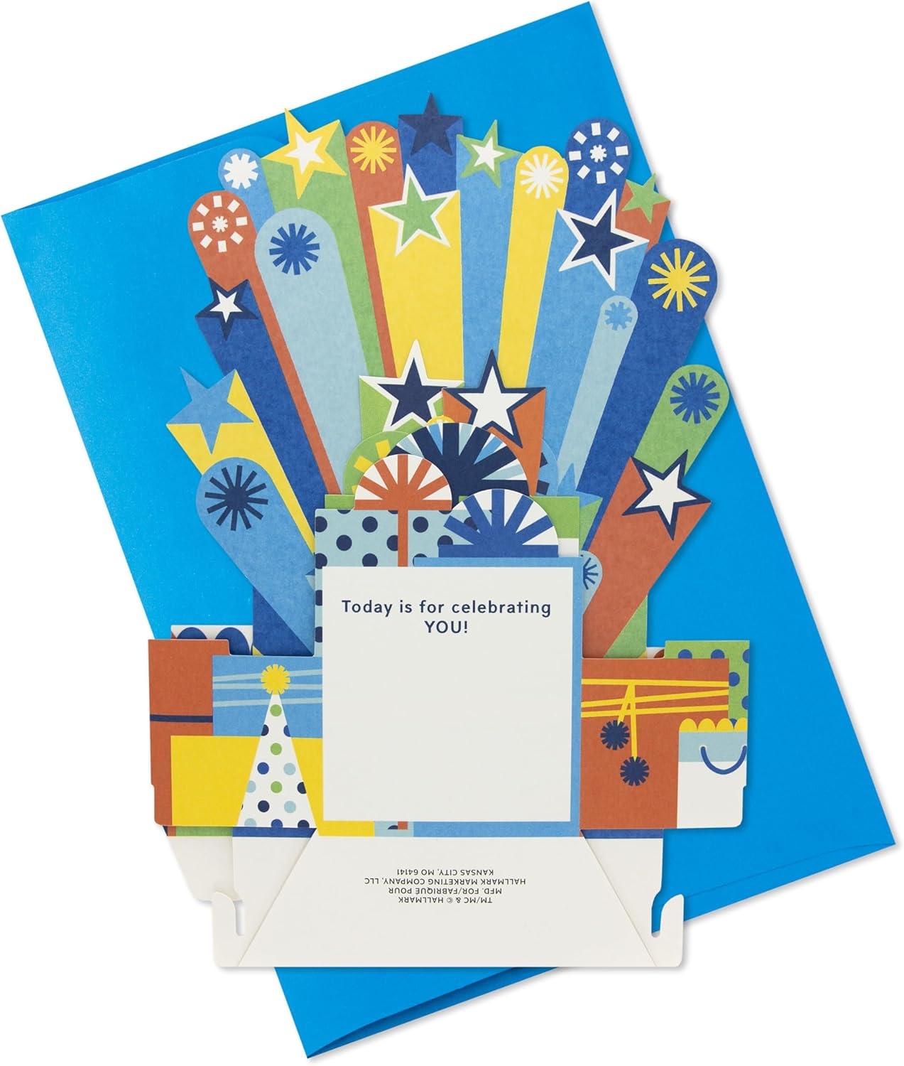 image:imageHallmark Paper Wonder PickaNumber Customizable PopUp Birthday Cake Card and Centerpiece Blue and Green ConfettiBlue Green Orange Stars