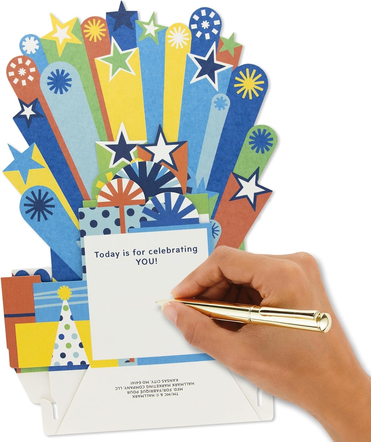 image:imageHallmark Paper Wonder PickaNumber Customizable PopUp Birthday Cake Card and Centerpiece Blue and Green ConfettiBlue Green Orange Stars