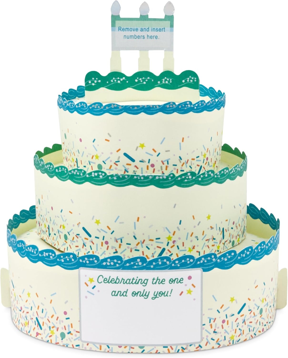 image:imageHallmark Paper Wonder PickaNumber Customizable PopUp Birthday Cake Card and Centerpiece Blue and Green ConfettiBlue and Green Confetti