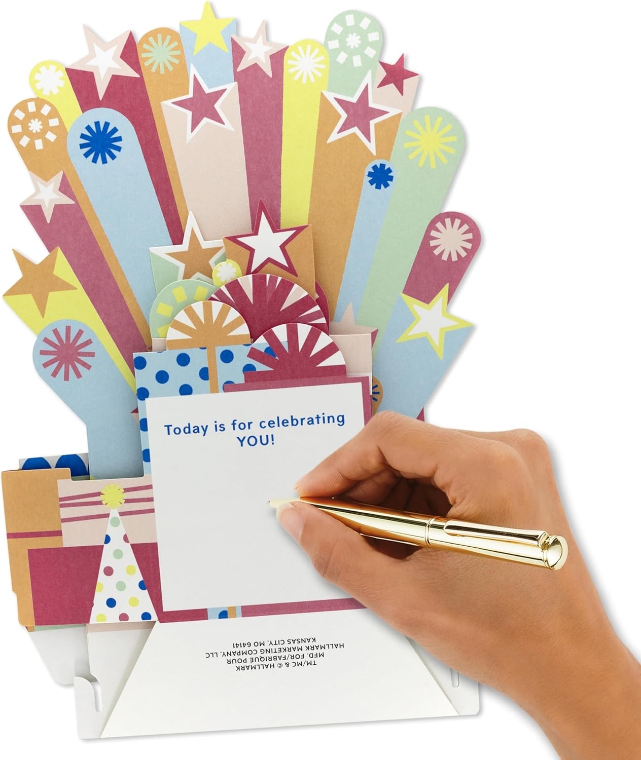 image:imageHallmark Paper Wonder PickaNumber Customizable PopUp Birthday Cake Card and Centerpiece Blue and Green ConfettiPink Green Orange Stars
