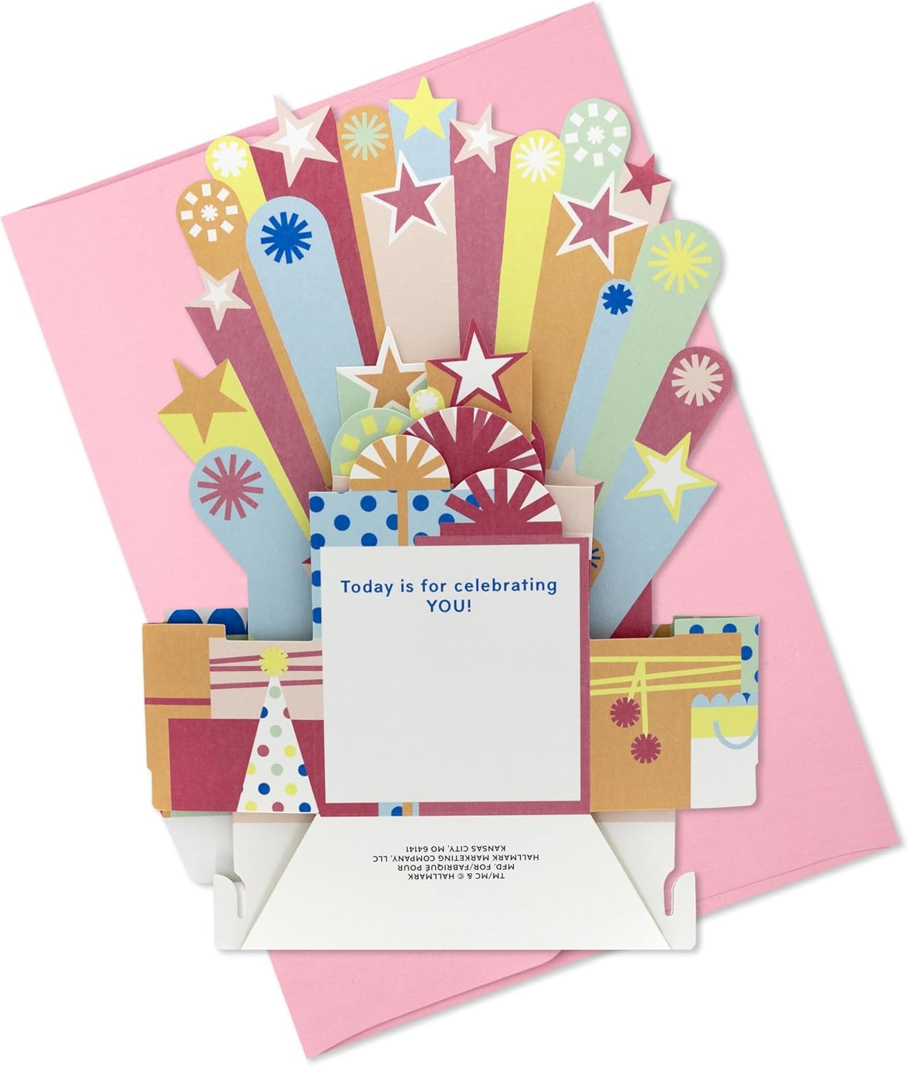 image:imageHallmark Paper Wonder PickaNumber Customizable PopUp Birthday Cake Card and Centerpiece Blue and Green ConfettiPink Green Orange Stars