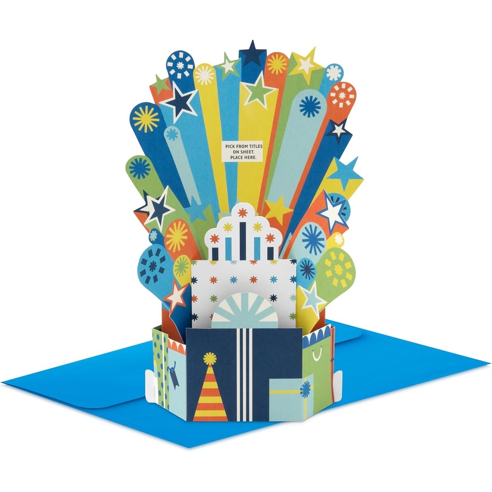 image:imageHallmark Paper Wonder PickaNumber Customizable PopUp Birthday Cake Card and Centerpiece Blue and Green ConfettiBlue Green Orange Stars