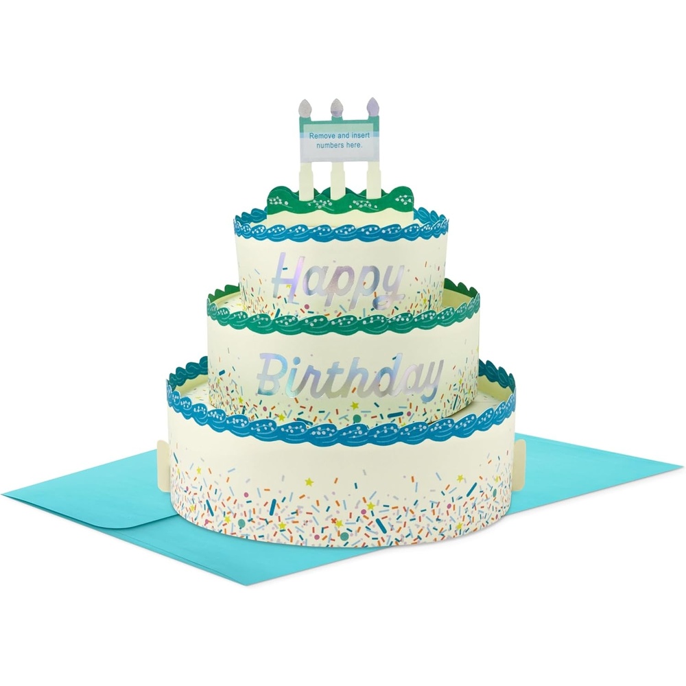 image:imageHallmark Paper Wonder PickaNumber Customizable PopUp Birthday Cake Card and Centerpiece Blue and Green ConfettiBlue and Green Confetti