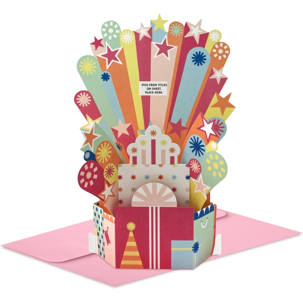 image:imageHallmark Paper Wonder PickaNumber Customizable PopUp Birthday Cake Card and Centerpiece Blue and Green ConfettiPink Green Orange Stars